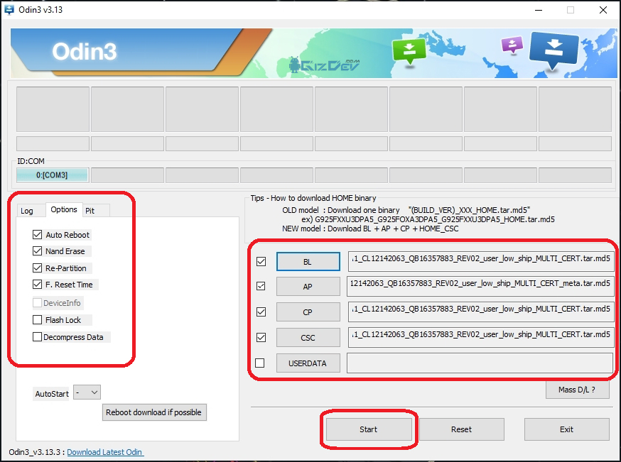 Odin firmware flash settings