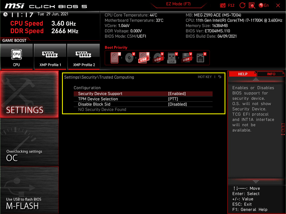 Enable TPM on MSI Motherboard for Intel