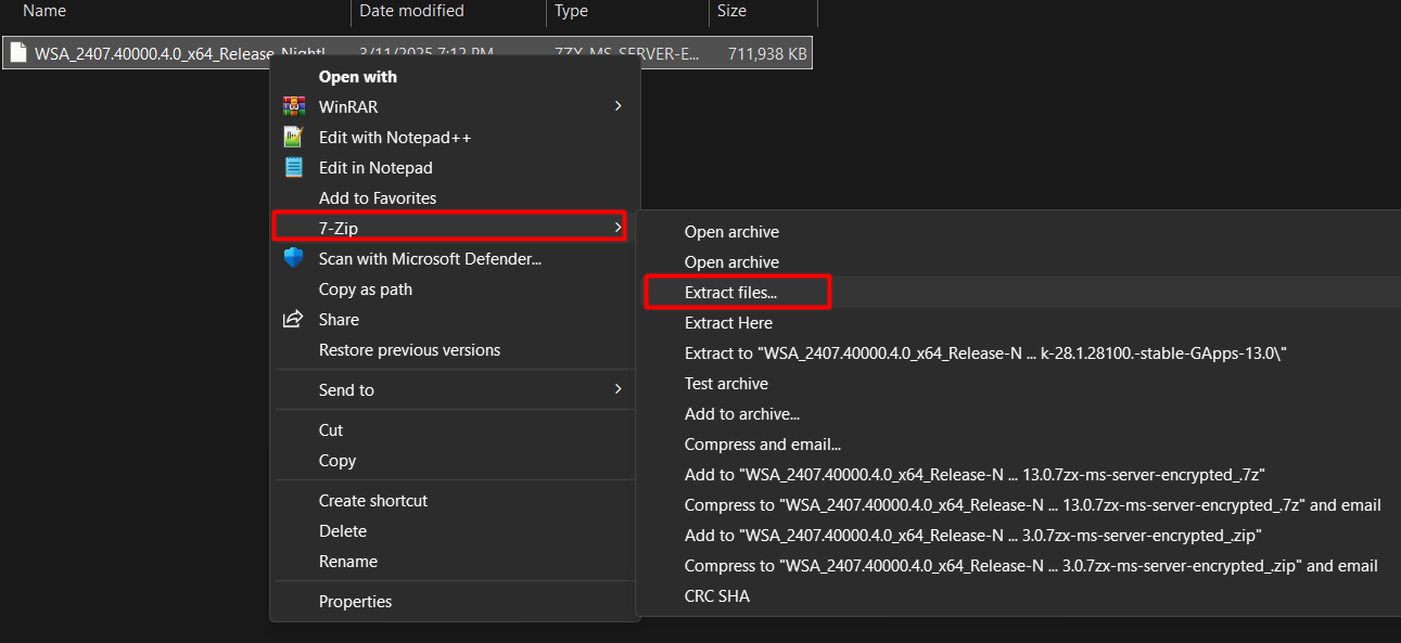 Rooted Windows Subsystem with magisk extracting with 7zip