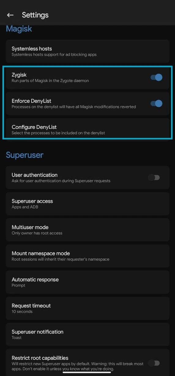 magisk Zygisk and enforce denylist (hide root)