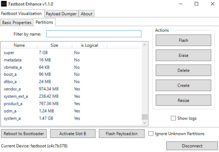 Fastboot Enhance Tool partitions tab