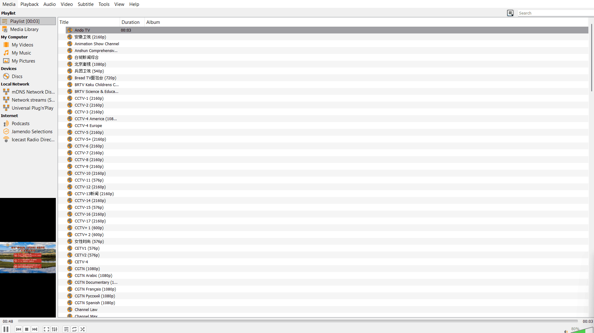 IPTV Channels playlist on vlc