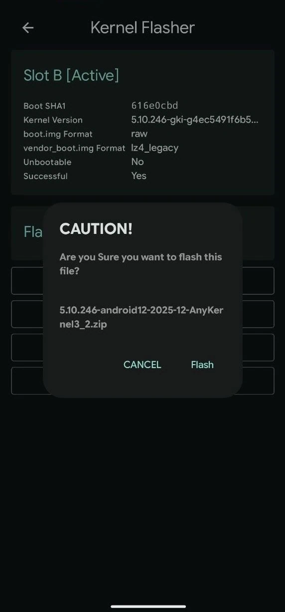 Flashing AnyKernel3 SUSFS-patched Kernel with KernelFlasher app