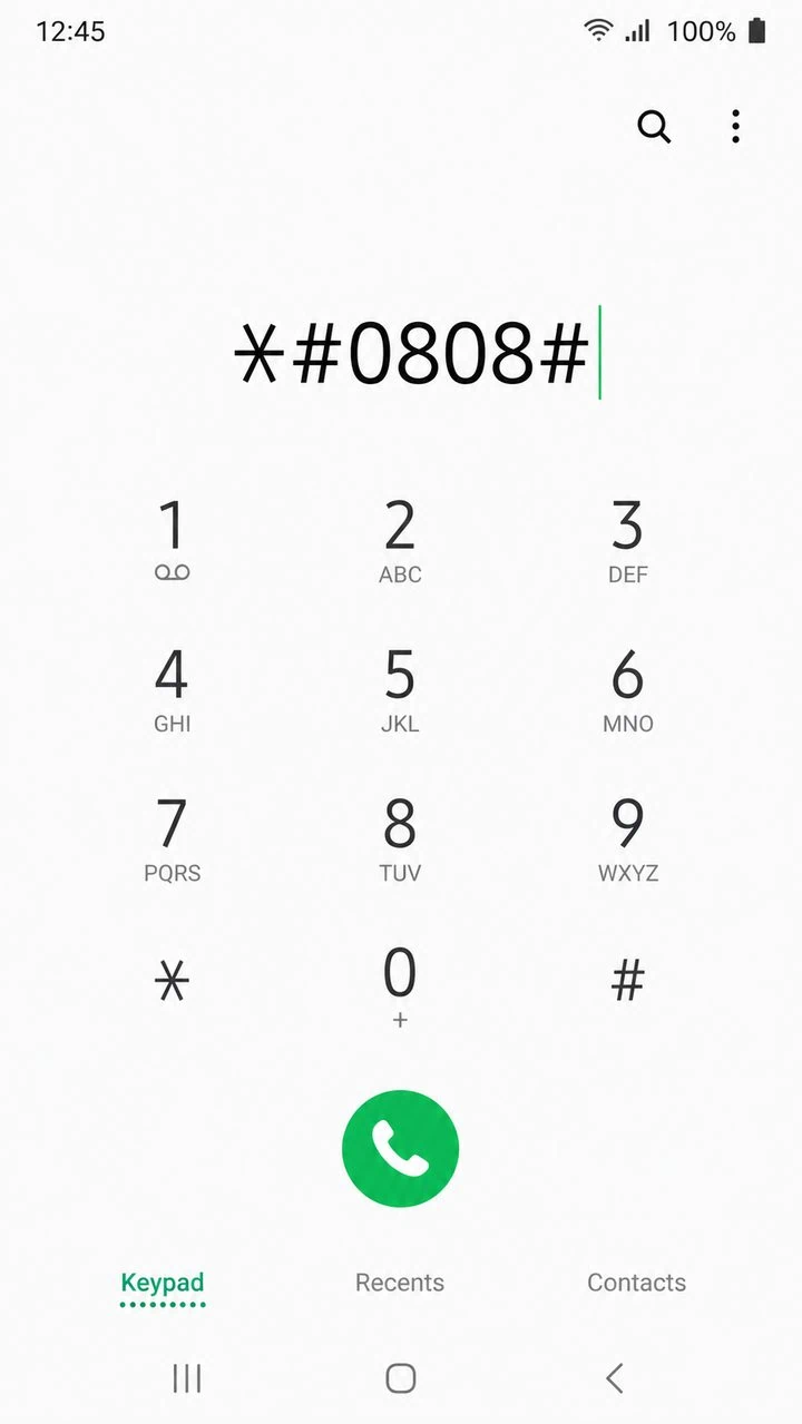 Samsung phone dialer with the *#0808# secret code typed in