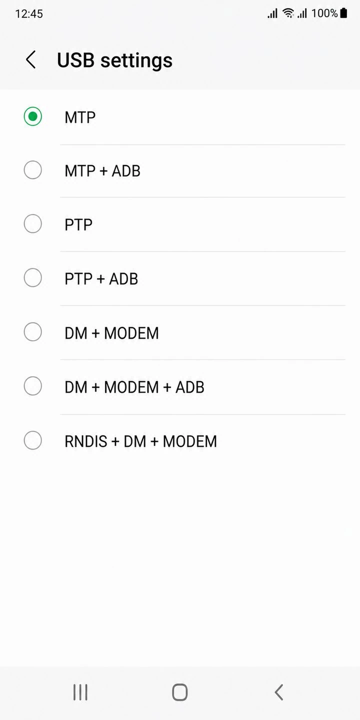 Samsung USB settings menu showing MTP, ADB and diagnostic modes