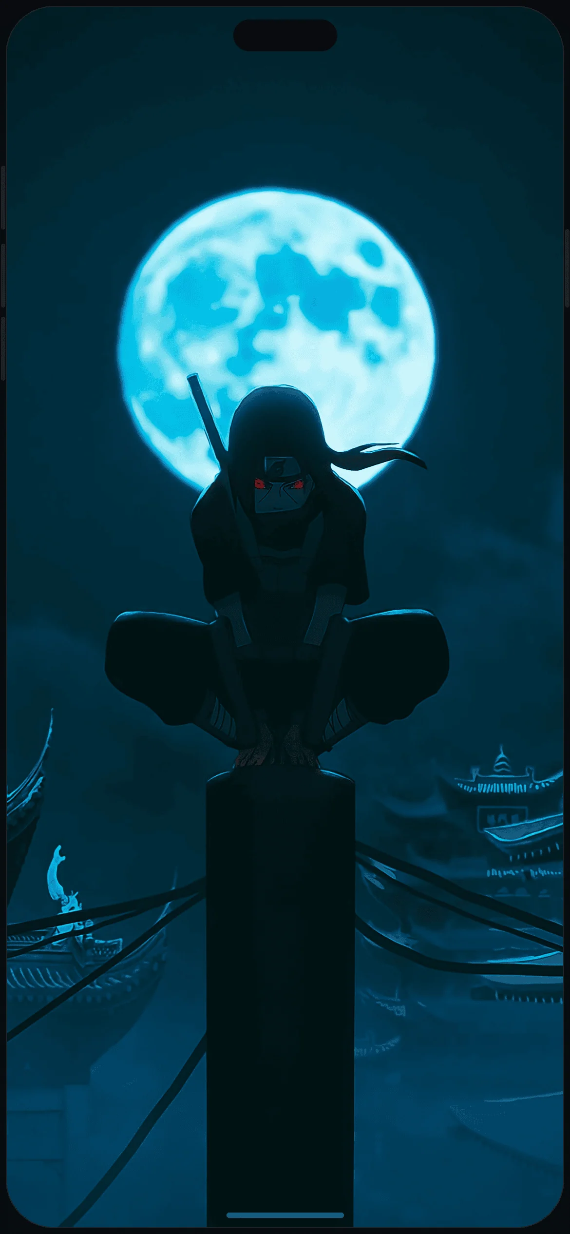 Itachi Moon Tower Wallpaper on iPhone 16 mockup