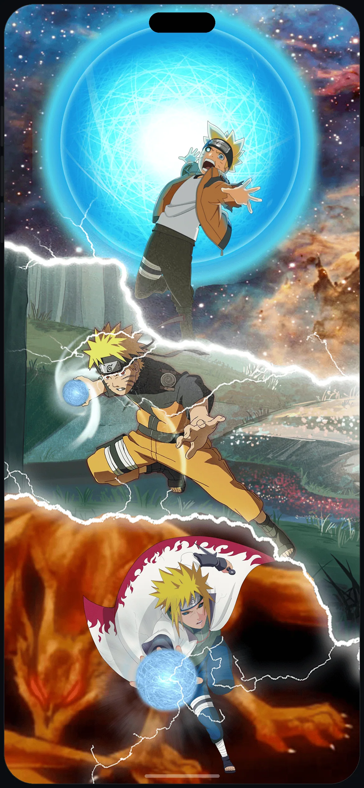 Naruto and Minato Rasengan Collage 4k Wallpaper on iPhone 16 mockup