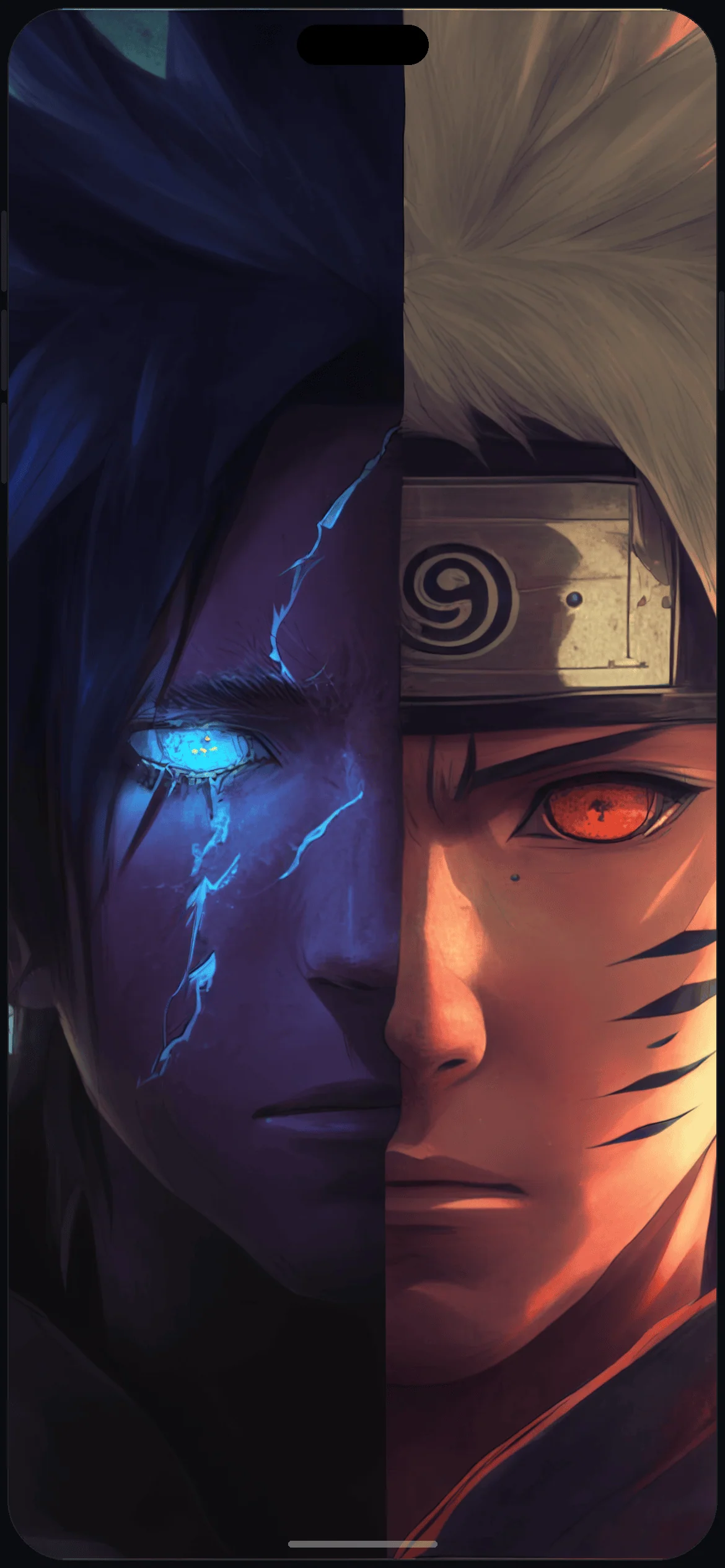 Naruto and Sasuke Half Face Wallpaper on iPhone 16 mockup