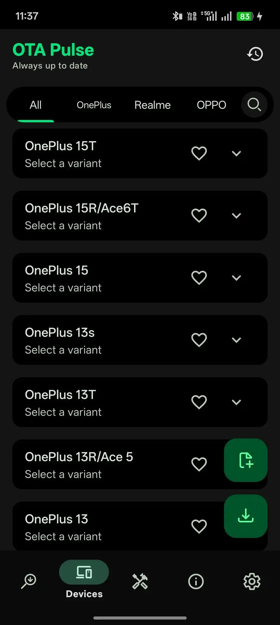 OTA Pulse device list screen on Android
