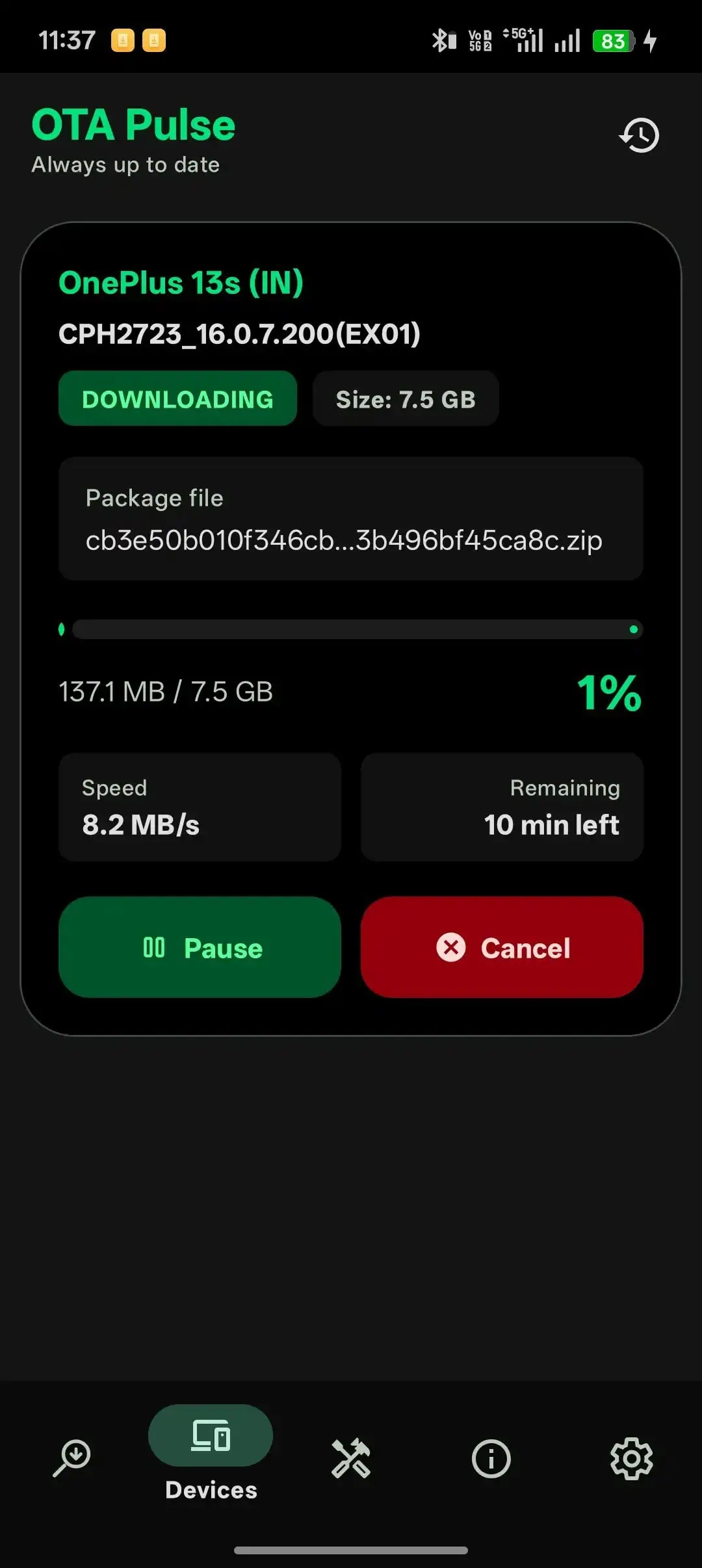 OTA Pulse download manager screen