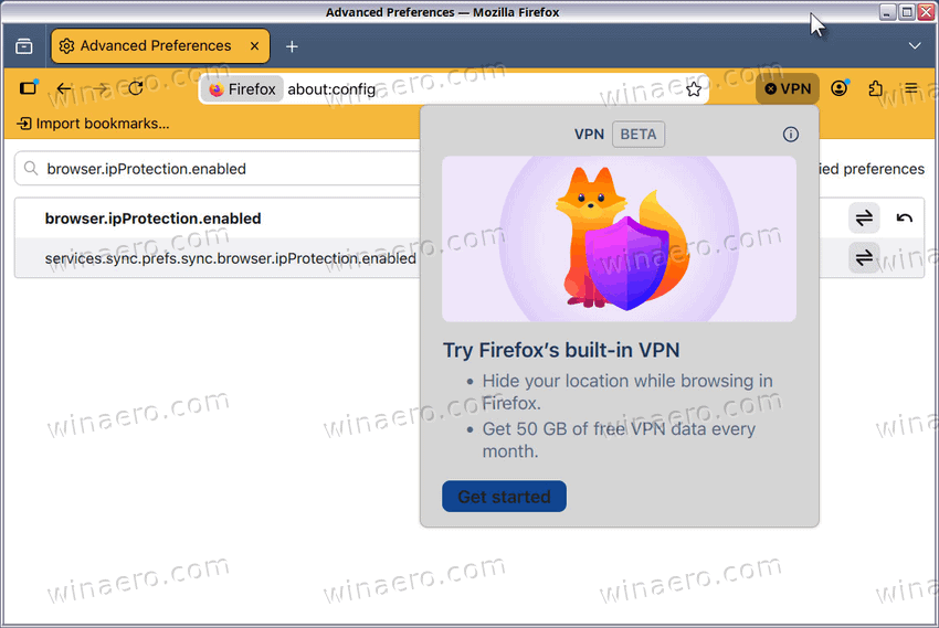 Firefox VPN Get Started flyout