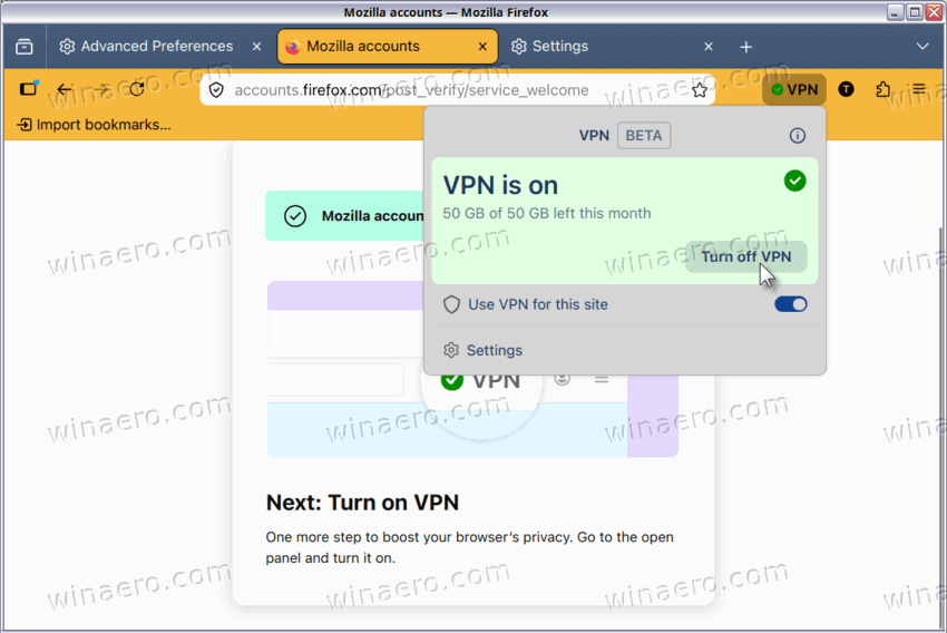 Firefox VPN Turn on VPN button