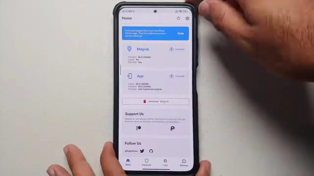 Magisk app home screen with the Modules tab in the bottom bar