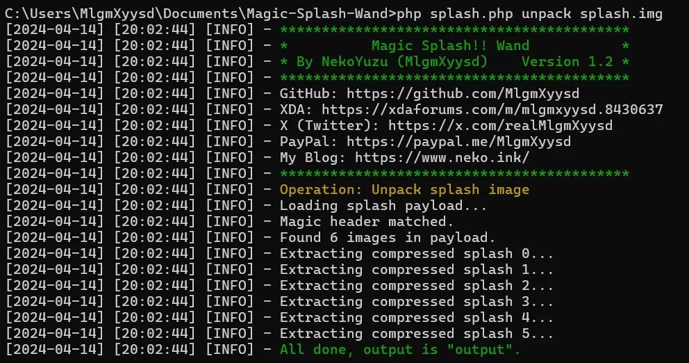 Magic Splash Wand unpacking the splash image into the Output folder