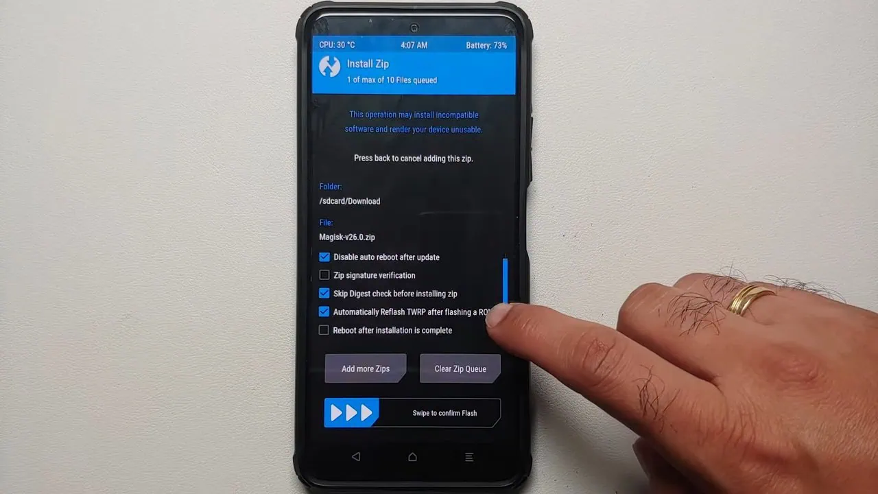 TWRP recovery install zip screen used to restore the stock boot animation