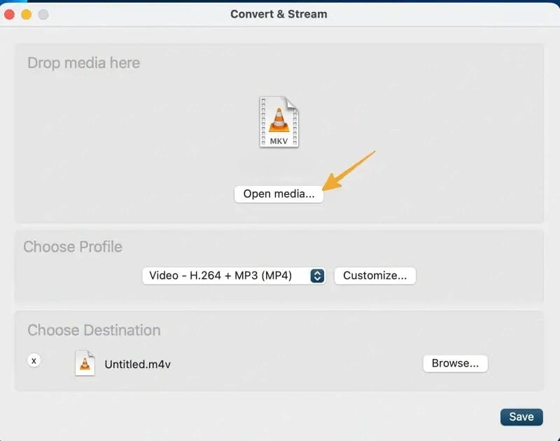 Upload MKV to iMovie – VLC Open Media dialog loading the MKV file