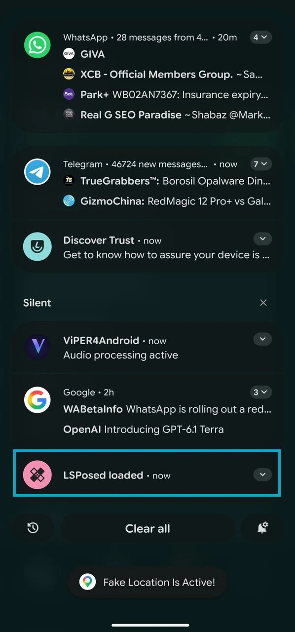 LSPosed Framework launch from notification panel