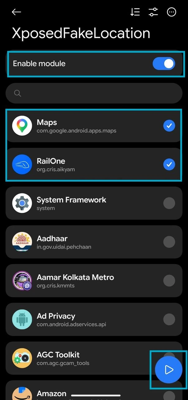 enable XposedFakeLocation module in specific app to spoof Android device location on Android