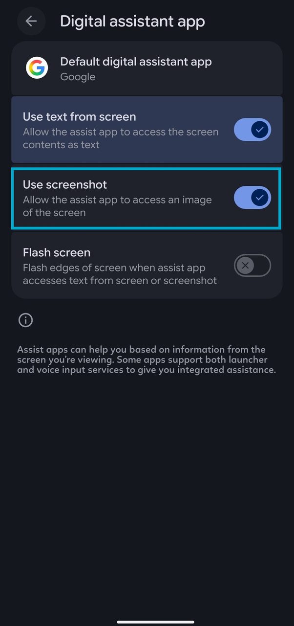 Enable Use Screenshot option in Google Gemini to take screenshots in restricted apps