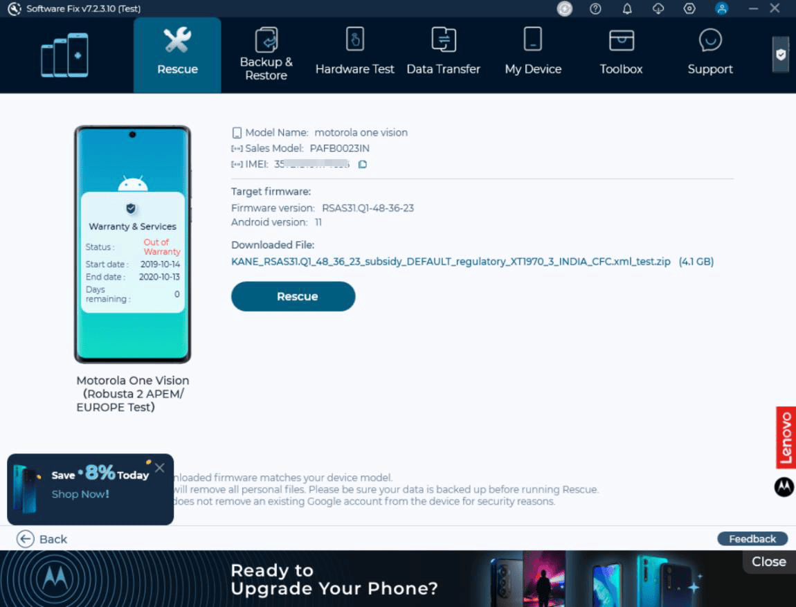 Lenovo Smart Assistant backup and restore screen