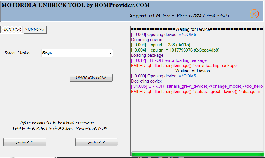 Motorola unbrick tool success screen after the bootloader restore