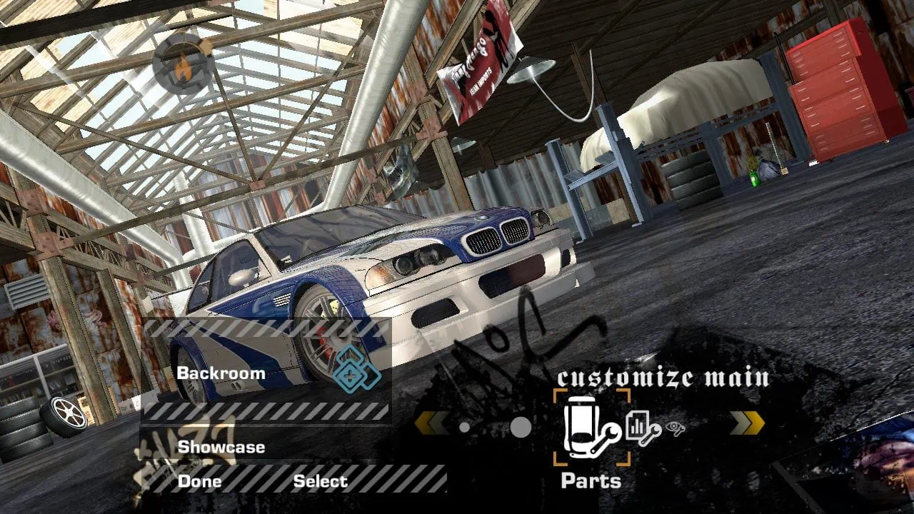 NFSMW Online garage and parts customization screen in the browser port