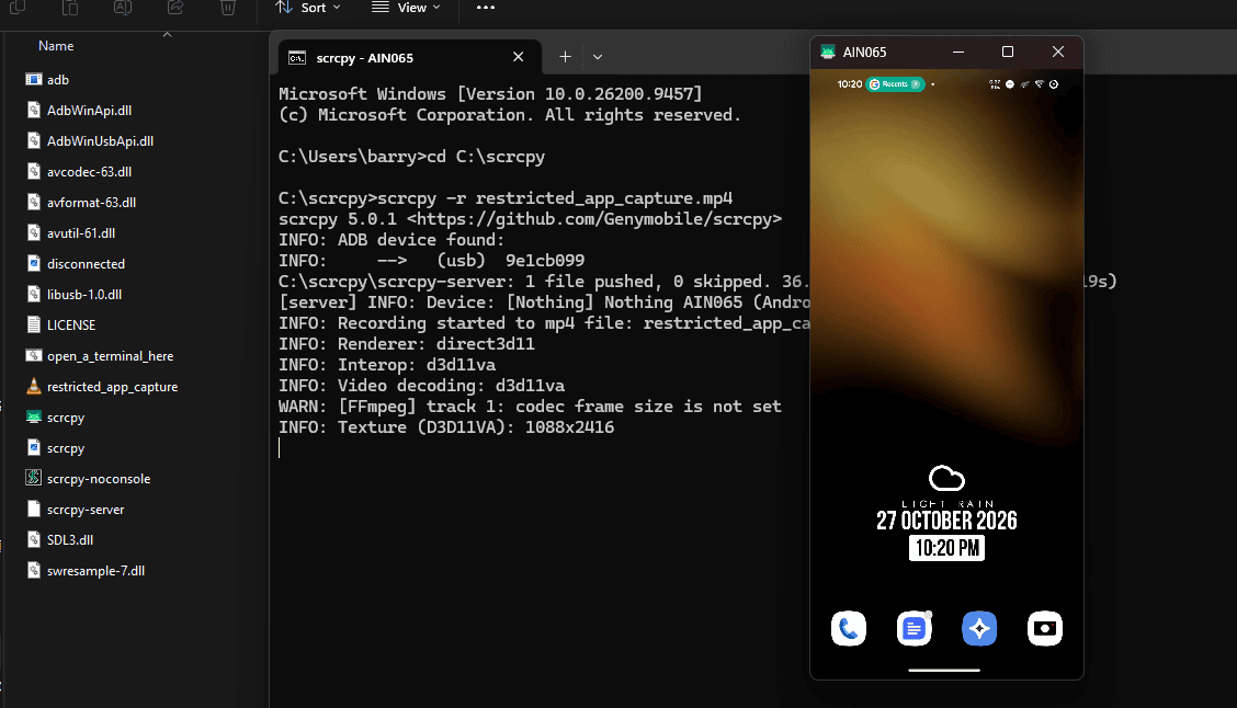 scrcpy android screen capture take screenshots in restricted apps easily without root