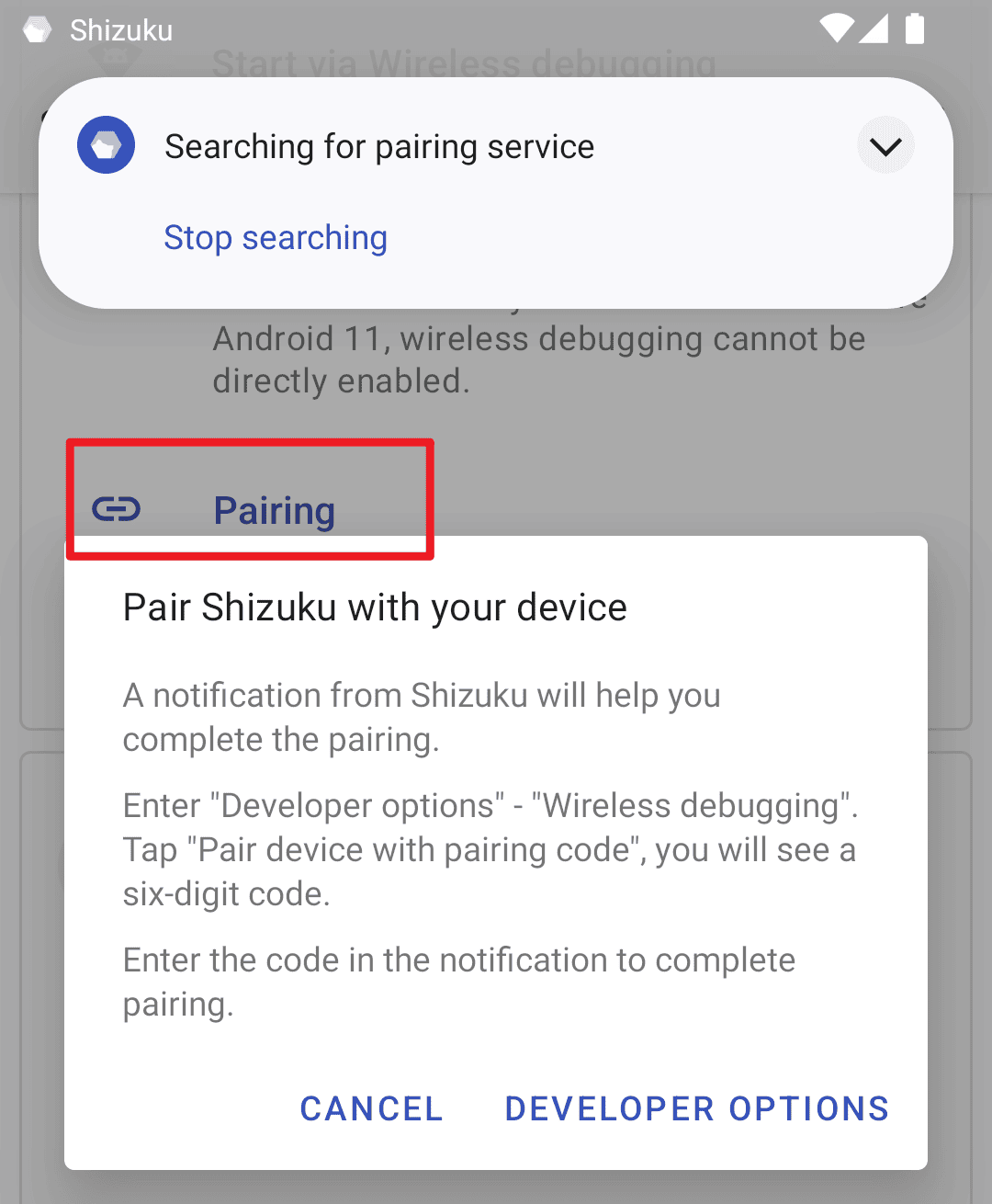 Shizuku app pairing option to install Shizuku on Android without a PC