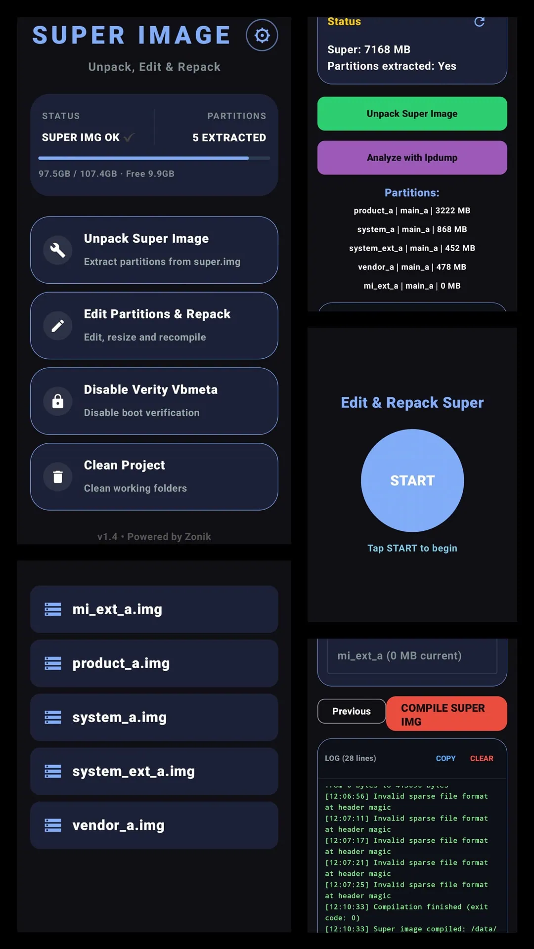 Super Image Tool main screen on a rooted phone